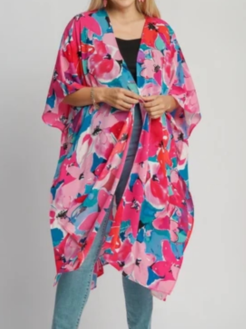 NWT Umgee Plus Floral Kimono Duster Cardigan Pink Blue